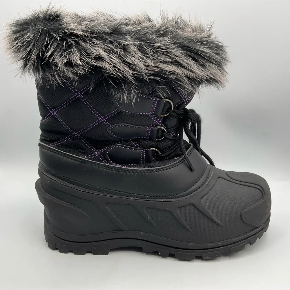 Itasca Snow Boots Size 4 Youth Big Girls Faux Fur Black Purple Stitching Winter